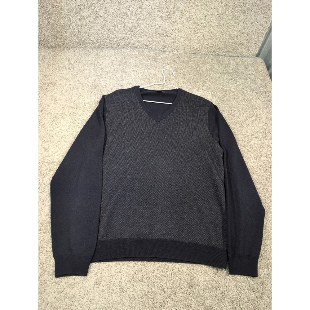 Brooks Brothers 346 Mens Navy Blue Merino Wool Herringbone V-Neck Sweater Medium